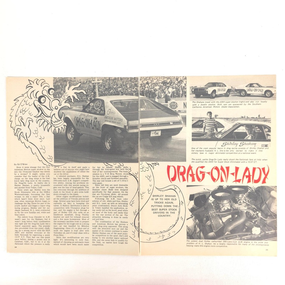 Shirley Shahan AMX Vintage Drag Racing Print Ad NHRA Performance Advertising Art